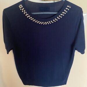 Maglificio Red Fashion navy blue faux pearl embellished short sleeve top